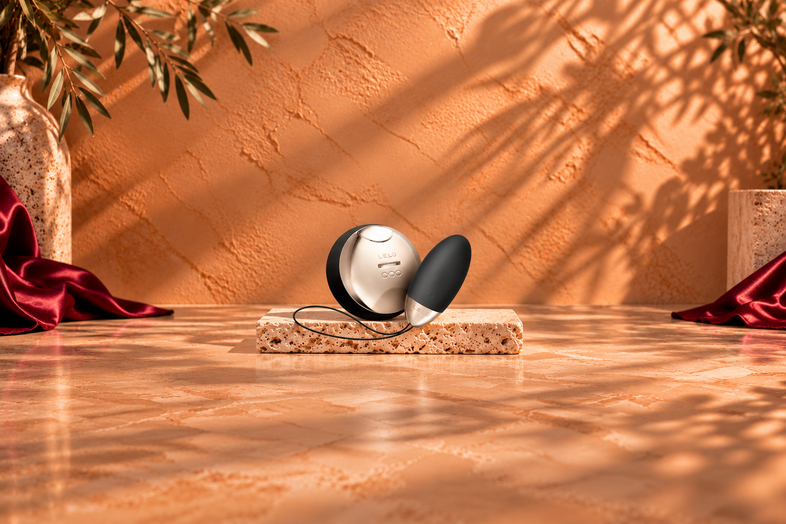 Black and silver LELO toy with matching controller on a light travertine slab, against a warm terracotta background with botanical shadows and burgundy satin