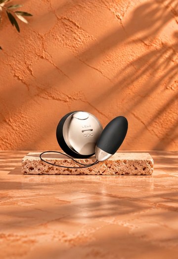 Black and silver LELO toy with matching controller on a light travertine slab, against a warm terracotta background with botanical shadows and burgundy satin