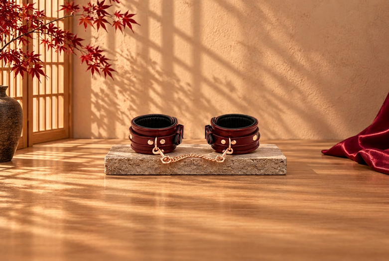 Wine-red leather ankle cuffs with a gold-coloured chain on light stone, with Japanese lattice shadows, red maple leaves and burgundy fabric