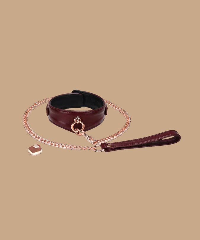 Liebe Seele Luxury Leather Collar with Leash and Lock – Wine Red