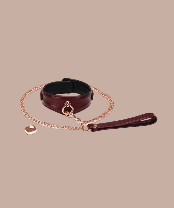 Liebe Seele Luxury Leather Collar with Leash and Lock – Wine Red