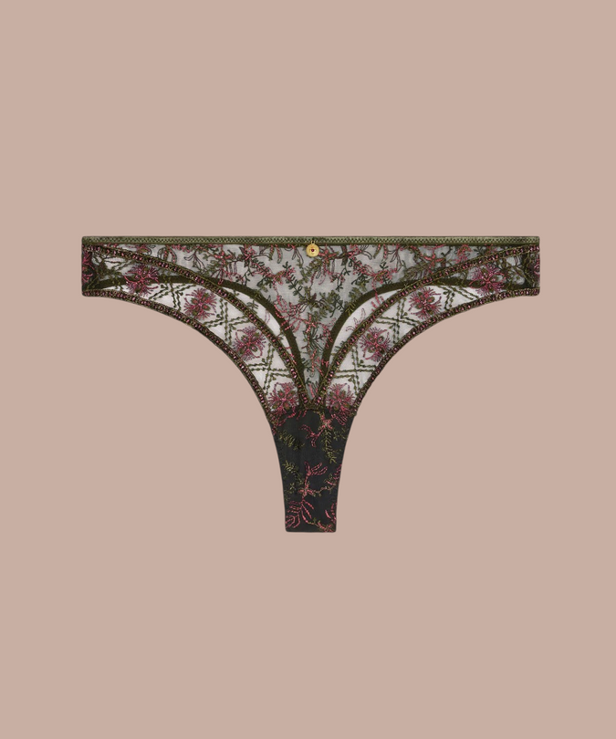 Pleasurements Aubade Sounds of Heart thong in Dark Garden met kleurrijk lurex borduurwerk en gouden bedel.