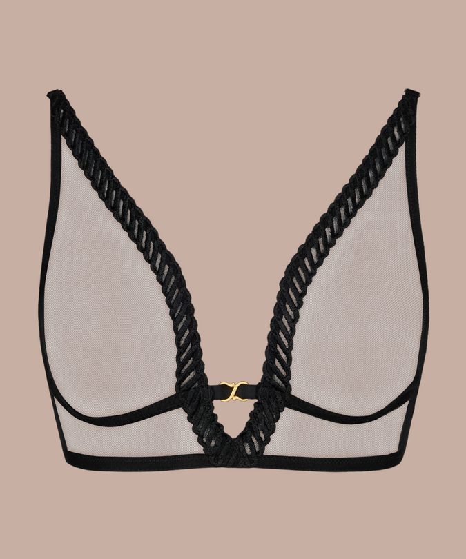 Pleasurements Aubade Sheer Emotion zwarte beugelvrije driehoekbh van transparante tule met gouden infinity-bedel