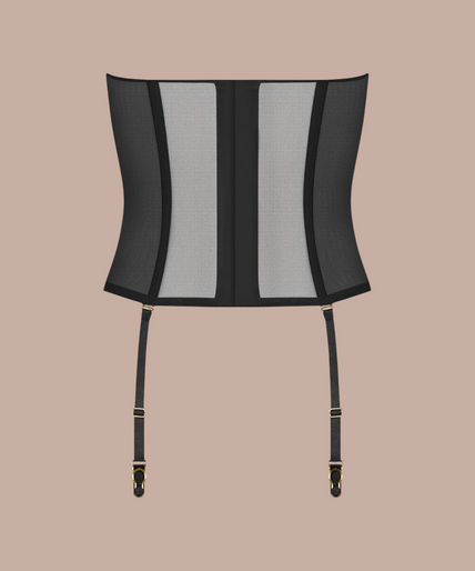 Maison Close/Scandale โ L'Amoureuse Corset with Suspenders Black Pleasurements Scandale L'Amoureuse zwart korset van transparante tule met jarretels en gestructureerde baleinen