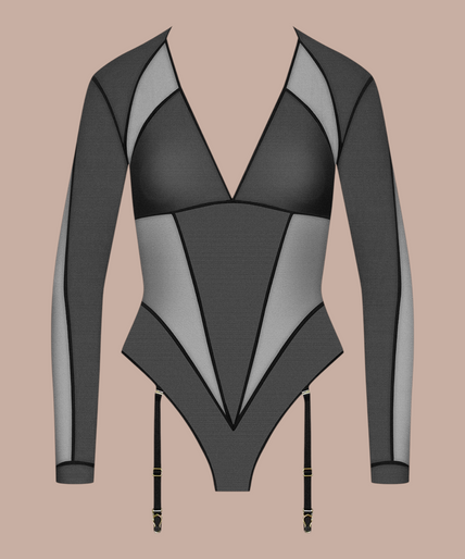 Maison Close/Scandale โ L'Amoureuse Long Sleeves Thong Body Black Pleasurements Scandale L'Amoureuse zwarte body met lange mouwen, transparante inzetstukken en jarretelclips.