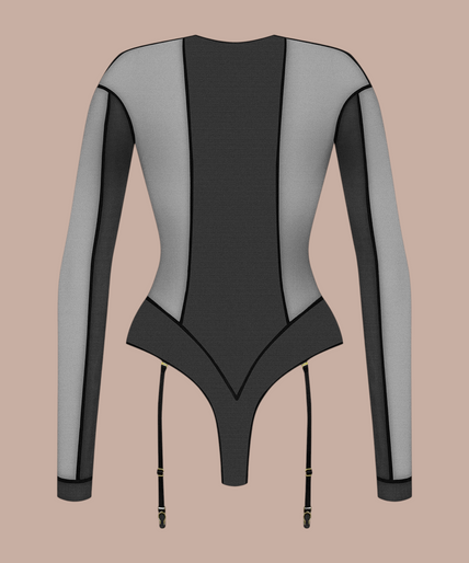 Maison Close/Scandale โ L'Amoureuse Long Sleeves Thong Body Black Pleasurements Scandale L'Amoureuse zwarte body met lange mouwen, transparante inzetstukken en jarretelclips.