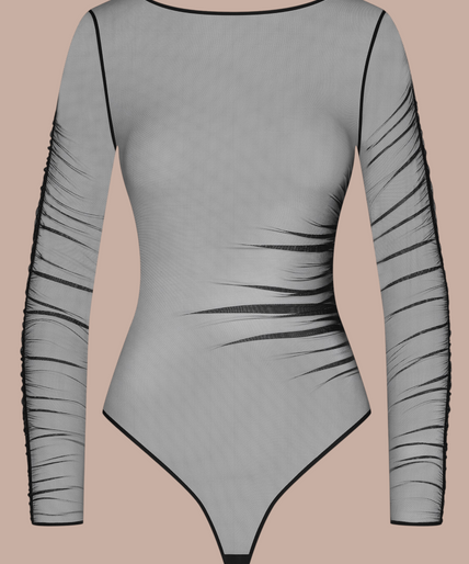 Maison Close/Scandale โ Nuit Fauve Long Sleeves Thong Body Black Pleasurements Scandale Nuit Fauve zwarte body met lange mouwen en transparante tule details op een model