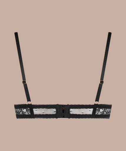 Maison Close/Scandale – Inspiration Divine Scarf Bra Black Inspiration Divine black Scarf Bra with scalloped floral lace cups and a low centre front, front view on model.
