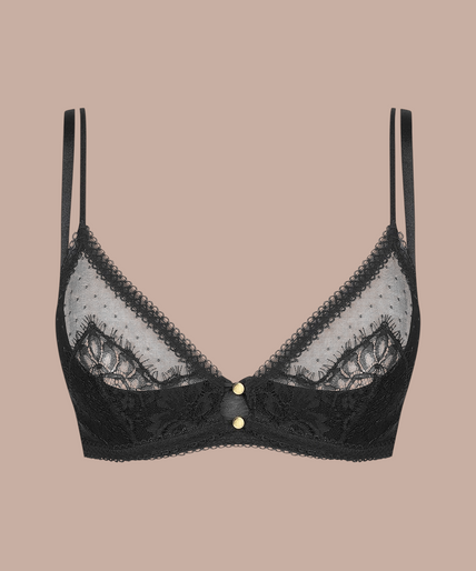 Maison Close/Scandale – Inspiration Divine Quarter Cup Bra Black Inspiration Divine black Quarter Cup Bra with sheer lace panels and split shoulder straps, front view on model.