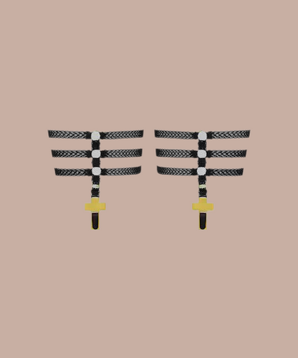 Maison Close/Scandale – Inspiration Divine Cross Garters Black/Gold Inspiration Divine black Cross Garters with gold-tone cross drops, front view on model.