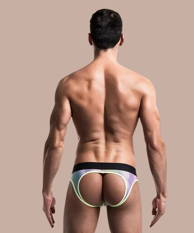 Pleasurements MOB jockstrap in groen met een zwarte tailleband en opvallende uitsnede aan de achterzijde