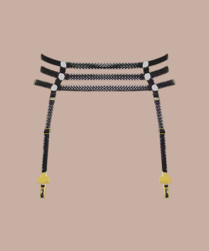 Maison Close/Scandale – Inspiration Divine Cross Garters Belt Black Inspiration Divine black Cross Garters Belt with gold-tone cross clips, front view on model.