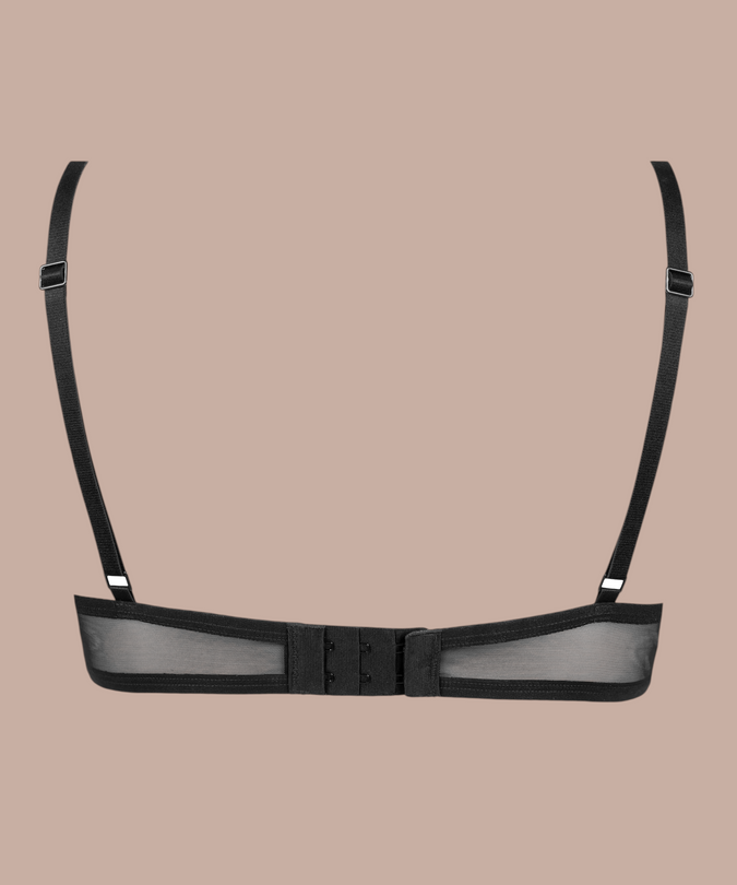 Dernier Frisson Wired Triangle Bra with a sheer black mesh back band, rear product view.