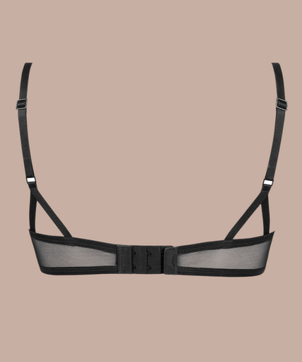 Atelier Amour – Dernier Frisson Demi Cup Bra Multicolor – 40% off Model draagt Pleasurements Atelier Amour Dernier Frisson demi-cup bh met veelkleurig borduurwerk op zwarte mesh