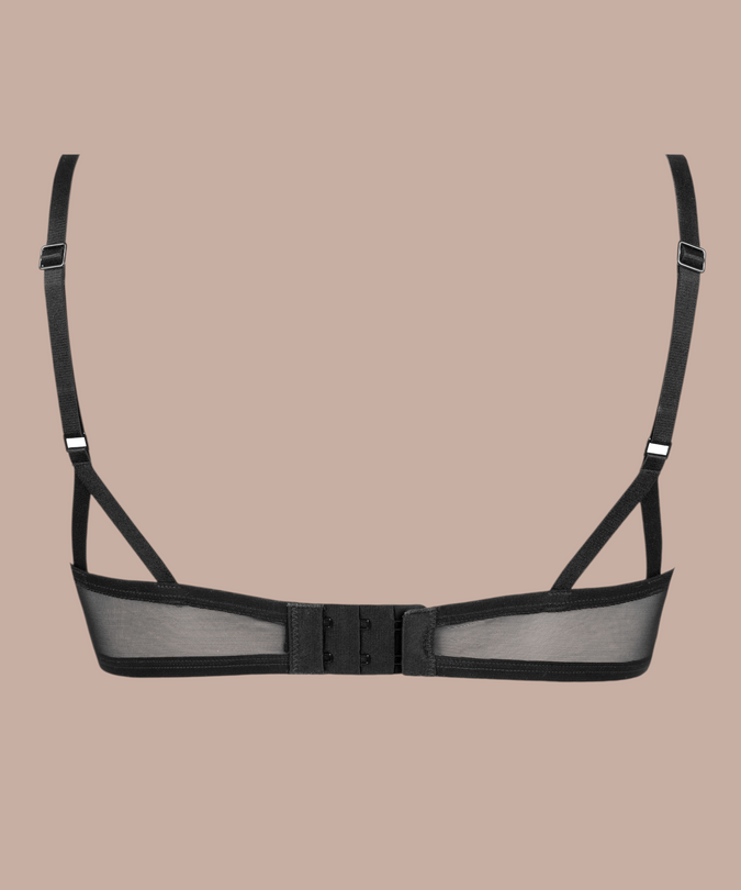 Dernier Frisson Demi Cup Bra with adjustable straps and hook fastening, rear product view.