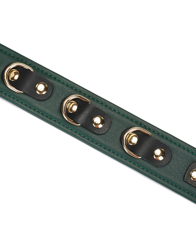 Liefdevolle Ziel halsband van koeienleer met riem – Mosgroen Chic