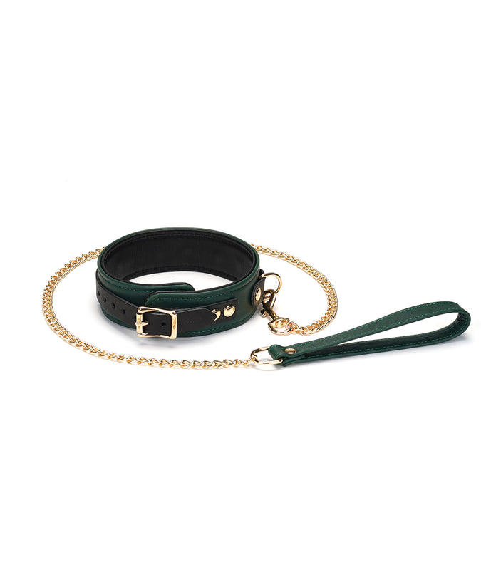 Liefdevolle Ziel halsband van koeienleer met riem – Mosgroen Chic