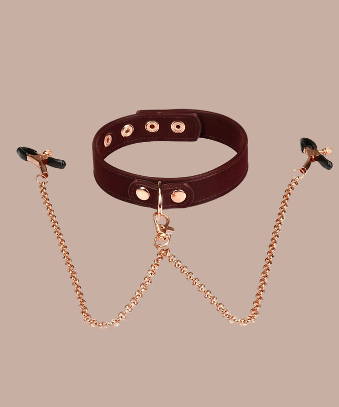 Liebe Seele Vegan Halsband met Tepelklemmen – Metallic Donkerrood
