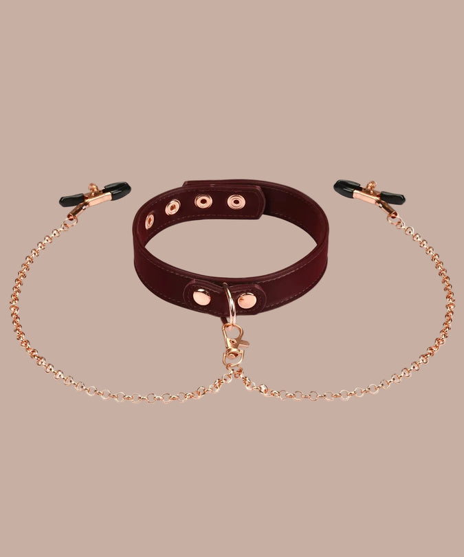 Liebe Seele Vegan Halsband met Tepelklemmen – Metallic Donkerrood