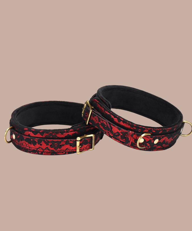 Liebe Seele Lace and Velvet Thigh Cuffs – Victorian Garden Dark Red