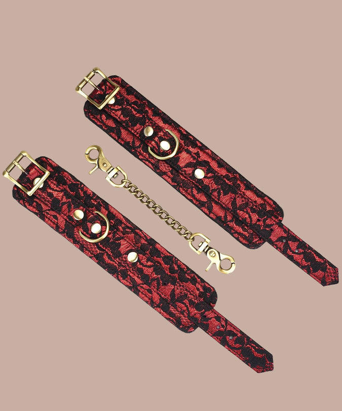 Liebe Seele Lace and Velvet Wrist Cuffs – Victorian Garden Dark Red