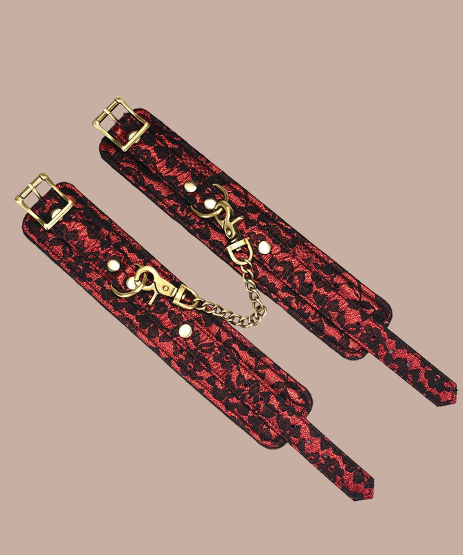 Liebe Seele Lace and Velvet Ankle Cuffs – Victorian Garden Dark Red