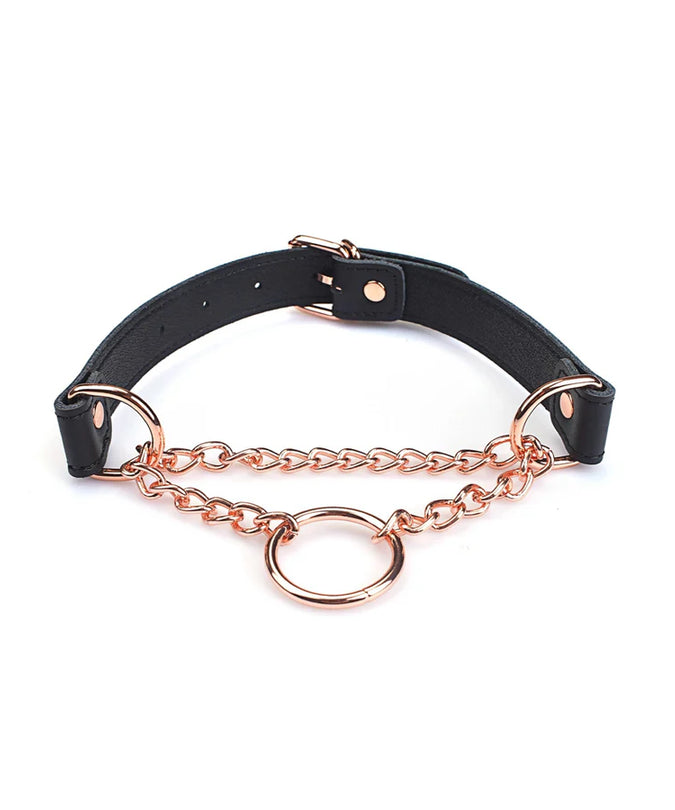 Liebe Seele Black Leather Collar with Rose Gold Chain and Rings