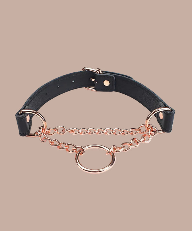 Liebe Seele Leather Collar with Rose Gold Chain and Rings – Black