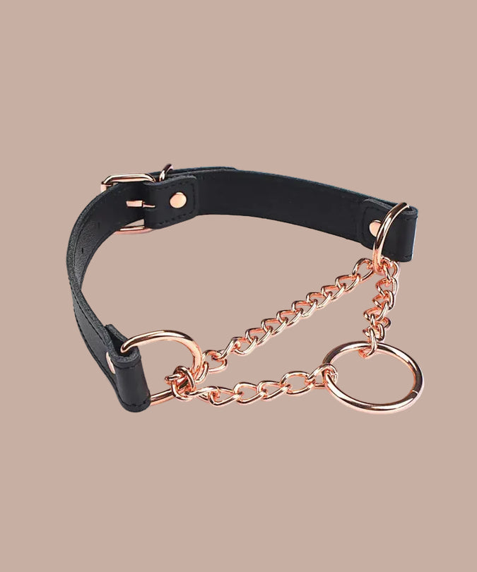 Liebe Seele Leather Collar with Rose Gold Chain and Rings – Black