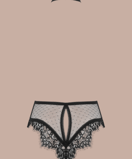 Maison Close/Scandale – Inspiration Divine High-Waisted Cross Panty Black Inspiration Divine black High-Waisted Cross Panty with sheer lace, mesh and harness straps, front view on model.