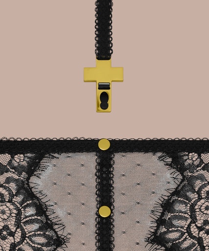 Maison Close/Scandale – Inspiration Divine High-Waisted Cross Panty Black Inspiration Divine black High-Waisted Cross Panty with sheer lace, mesh and harness straps, front view on model.