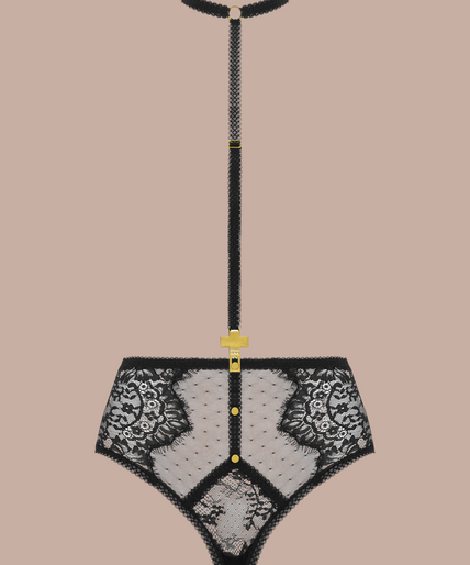 Maison Close/Scandale – Inspiration Divine High-Waisted Cross Panty Black Inspiration Divine black High-Waisted Cross Panty with sheer lace, mesh and harness straps, front view on model.