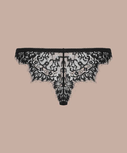 Maison Close/Scandale – Inspiration Divine Panty Black Inspiration Divine black Panty with sheer dotted mesh and floral lace panels, front view on model.