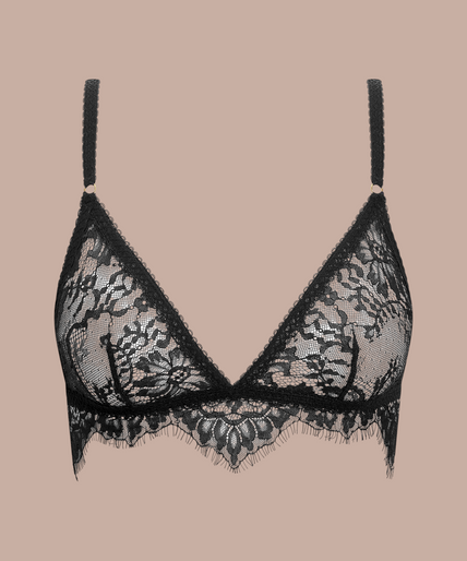 Maison Close/Scandale – Inspiration Divine Triangle Bra Black Inspiration Divine black Triangle Bra with sheer floral lace cups and scalloped trim, front view on model.