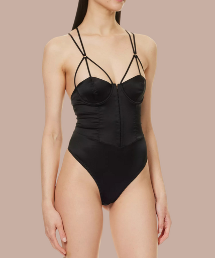 Coco de Mer – Sylph Bodysuit Black – 50%! Pleasurements Coco de Mer zwarte zijden Sylph bodysuit met sweetheart halslijn en gestructureerde bandjes