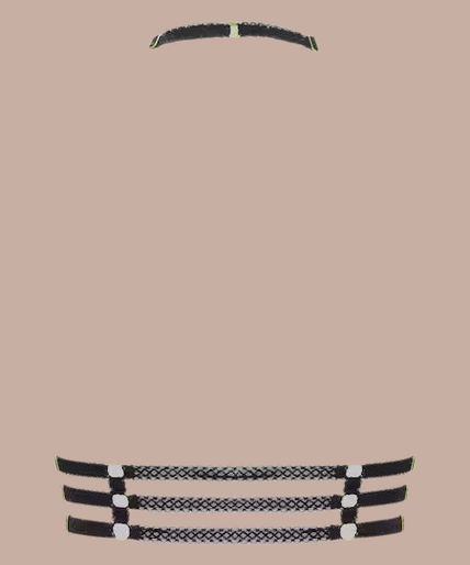 Maison Close/Scandale – Inspiration Divine Cross Bustier Harness Black Inspiration Divine black Cross Bustier Harness with gold-tone cross detail, front view on model.