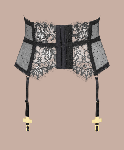 Maison Close/Scandale – Inspiration Divine Cross Garter Belt Corset Black Inspiration Divine black Cross Garter Belt Corset with floral lace, mesh and gold-tone cross clips, front view on model with stockings.