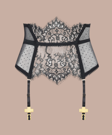Maison Close/Scandale – Inspiration Divine Cross Garter Belt Corset Black Inspiration Divine black Cross Garter Belt Corset with floral lace, mesh and gold-tone cross clips, front view on model with stockings.