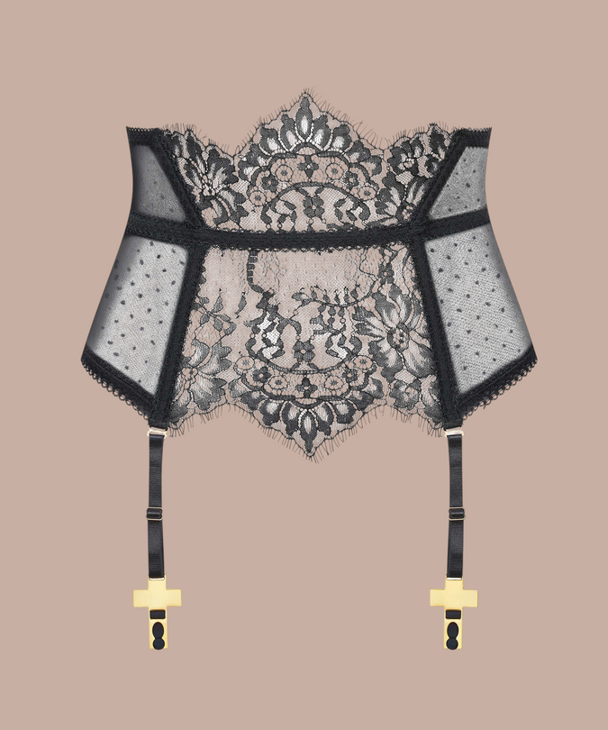 Inspiration Divine black Cross Garter Belt Corset with scalloped lace, sheer side panels and gold-tone cross clips, front product view.