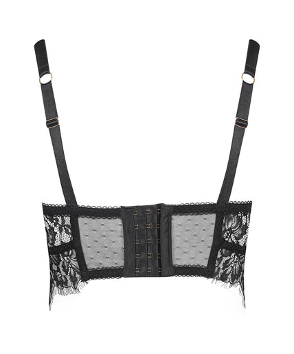 Maison Close/Scandale – Inspiration Divine Wire Bra Black Inspiration Divine black Wire Bra with sheer lace cups and a scalloped longline band, front view on model.