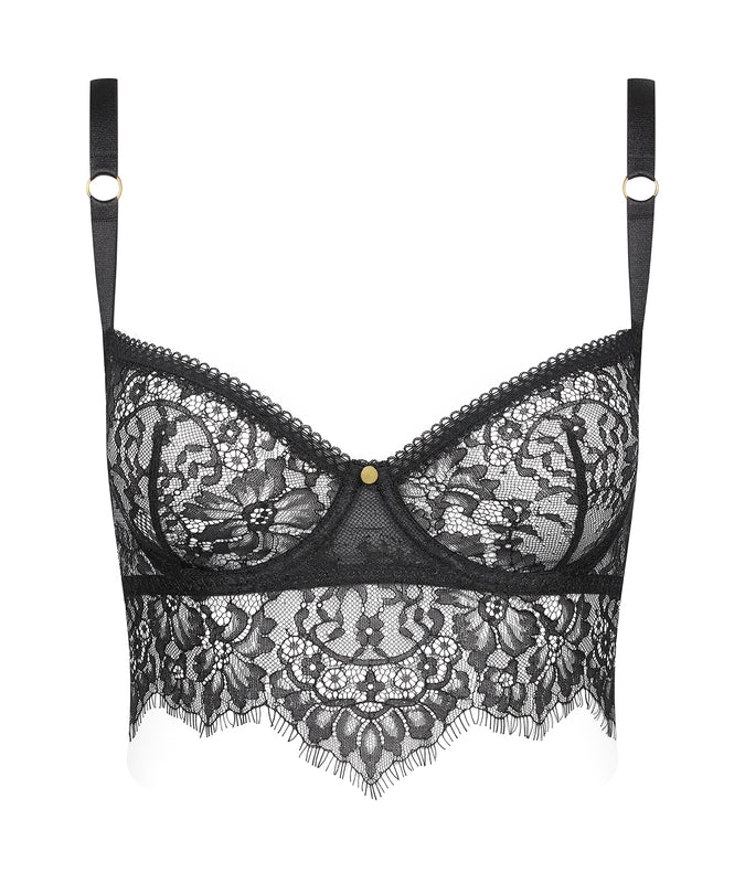 Inspiration Divine black Wire Bra with sheer floral lace cups and a scalloped longline band, front product view.