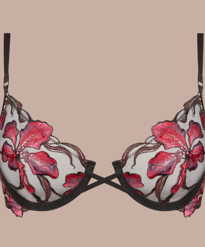 Dernier Frisson Demi Cup Bra with colourful embroidered cups, front product view.