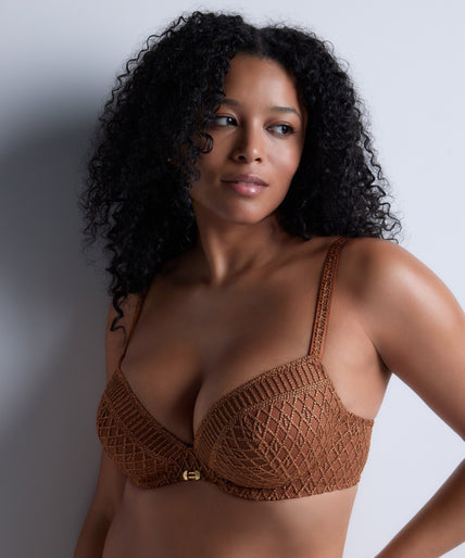 Stardust Dream Moulded Plunge Bra in Amber Goud Aubade Stardust Dream Moulded Push Up Bra in Amber Gold - Pleasurements