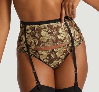 Coco de Mer Oriana suspender belt in zwart en goud Coco de Mer Oriana Suspender Belt in Black & Gold - Pleasurements