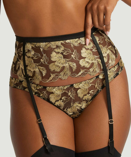 Coco de Mer Oriana suspender belt in zwart en goud Coco de Mer Oriana Suspender Belt in Black & Gold - Pleasurements