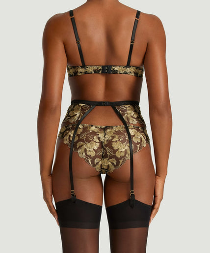 Coco de Mer Oriana suspender belt in zwart en goud Coco de Mer Oriana Suspender Belt in Black & Gold - Pleasurements