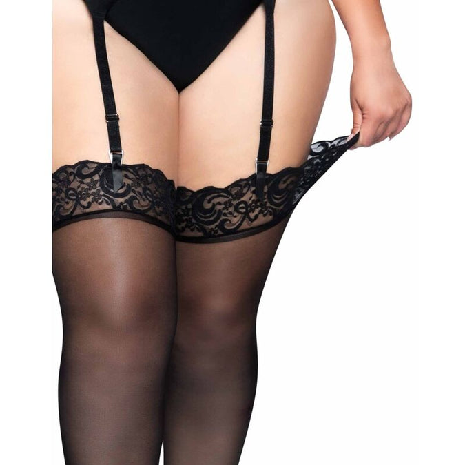 Leg Avenue – Outlet - Zwarte nylonkousen met kanten boord Plus