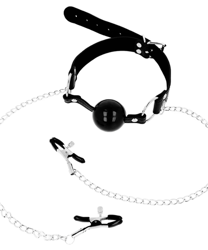 OHMAMA FETISH BLACK BALL GAG WITH NIPPLE CLAMPS OHMAMA FETISH BLACK BALL GAG WITH NIPPLE CLAMPS