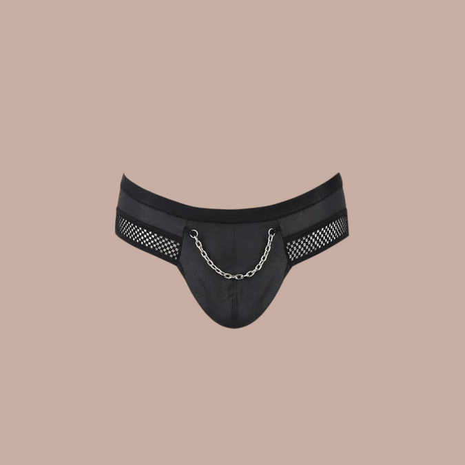 Pleasurements Passion 030 Open Slip Tom in zwart met kettingdetail en mesh-accenten voor heren.