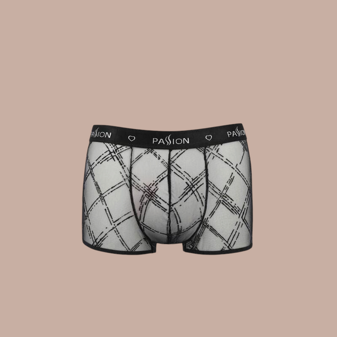 Pleasurements Passion 032 Shorts James in zwart met een transparant ruitpatroon en elastische tailleband met logo.